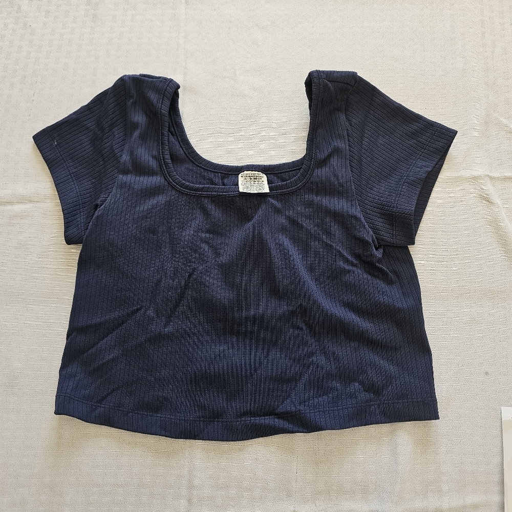 PINK Victoria Secret Baby Tee Womens M Navy Ribbed Square Neck Y2K